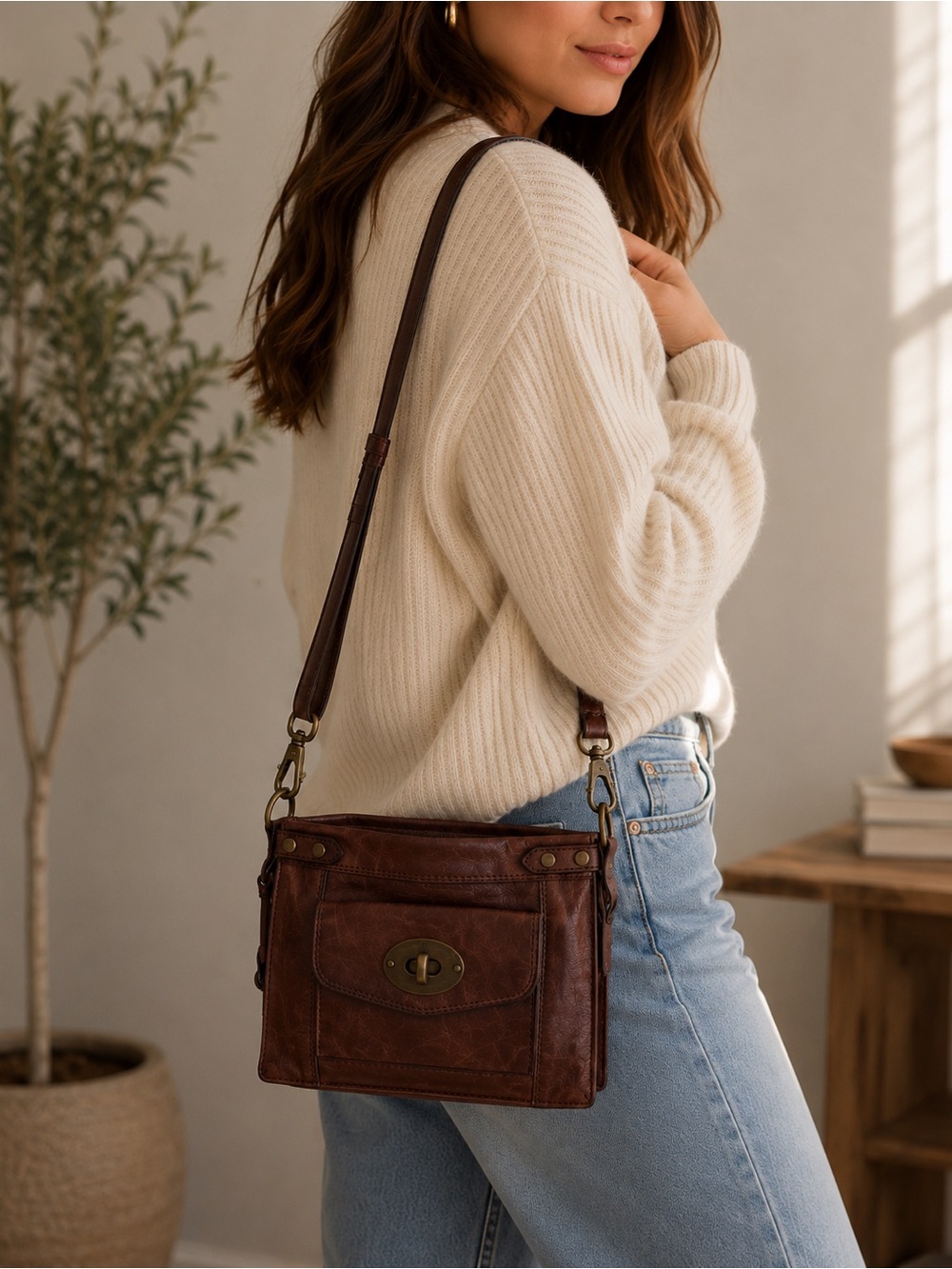 Fossil Brown Leather Crossbody Bag w/ Key Charm Vintage Style